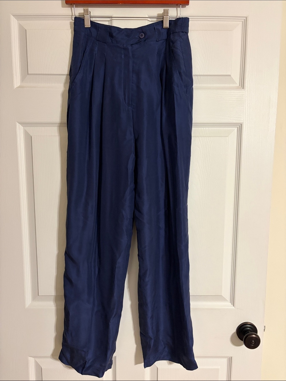 Vintage Pat Argenti Sportswear 100% Silk Pleated Navy Trousers Pants Wide Leg